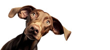 Cute Playful Doggy Or Pet Is Playing And Looking Happy Isolated On Transparent Background. Brown Weimaraner Young Dog Is Posing. Cute, Happy Crazy Dog Headshot Smiling On Transparent,  Png