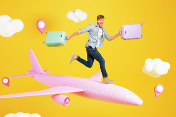 Wall Mural - Collage 3d artwork picture of funky hurrying guy flying plane rising luggage isolated yellow color background