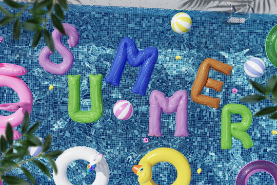 3D rendering photo collage summer concept crystal clean clear poolside water with floating SUMMER letters 3d quality