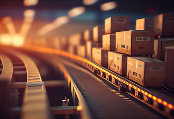 illustration of box on conveyor belt with orders automatic mechanized logistics concept. ai