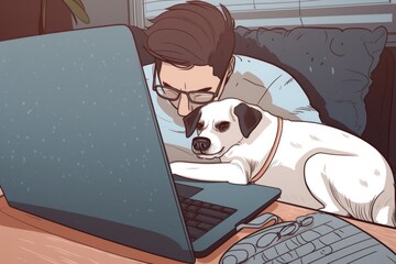 Poster - person, working on laptop, while dog snoozes nearby, created with generative ai