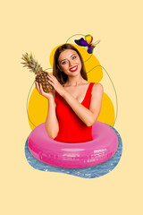 Sticker - Collage of young gorgeous chic girl wear inflatable ring swimming water ocean hold pineapple juicy fruit isolated on yellow background