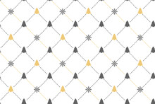 Christmas Seamless Pattern With X-mas Trees, Geometric Rhombus Shapes And Diagonal Dotted Lines. Black And Gold New Year Background For Wallpaper, Print, Card. Flat Style Holiday Vector Illustration
