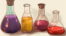 Flasks With Colorful Liquid. Graduated Lab Tube, Beaker And Flask Filled Different Colors Liquids Illustration. Equipment For Chemical Test Collection
