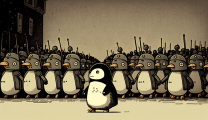 A crowd of penguin soldiers, with military clothes, with weapons, marching along the street, salute the captain man