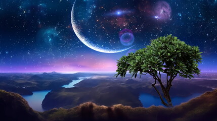 Wall Mural - beautiful young woman stay on earth and watch starry sky moon planet surrealism,generated ai