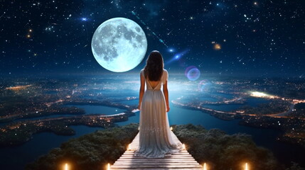 Wall Mural - beautiful young woman in white dress stay on earth and watch starry sky moon planet surrealism,natur
