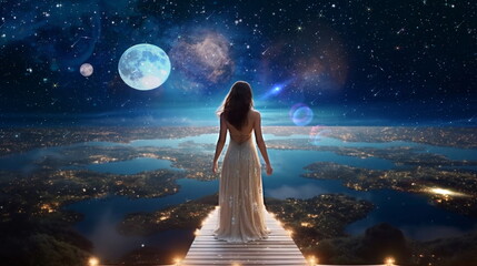 Wall Mural - beautiful young woman in white dress stay on earth and watch starry sky moon planet surrealism,natur