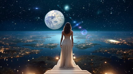 Wall Mural - beautiful young woman in white dress stay on earth and watch starry sky moon planet surrealism,natur
