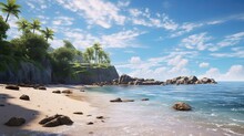 A Serene And Secluded Beach Cove With Gentle Waves.