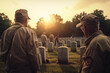 Veterans stands near graves of American heroes, sunlight, Memorial Day, Independence day, US National flag, AI Generative.