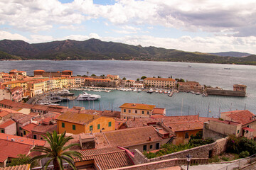 Wall Mural - View from medieval fort Forte Falcone over historical city center and harbor of Portoferraio