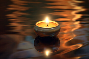 Poster - A digital painting of a candle flame casting a soft glow on a tranquil scene, invoking feelings of serenity and peacefulness. Generative AI technology.