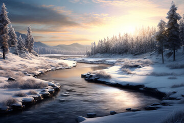 Poster - a frozen river winding its way through a snowy landscape, portraying the stillness and tranquility of a winter scene.  Generative AI technology.