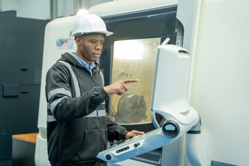 Aufkleber - Engineer checking and operation controlling automated robot hand with CNC machine in factory,Technology, automation,Innovation and engineering concept.