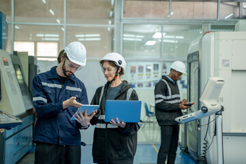 Fototapete - Engineer operating cnc machine in control panel at factory,Industry 4.0 concept.