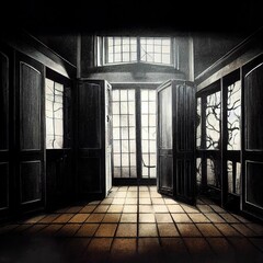 Wall Mural - Dark gloomy room with big windows