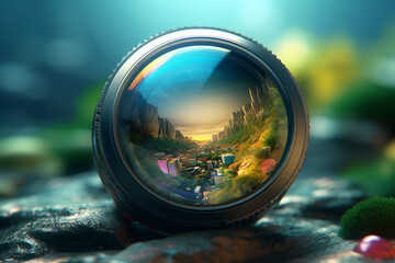 Poster - A reflective photograph of a camera lens capturing the surrounding environment, reflecting the beauty and diversity of the world we see through the lens.  Generative AI technology.