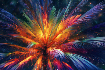 Aufkleber - A digital manipulation of abstract palm fronds infused with celestial elements such as stars or galaxies, symbolizing the cosmic connection between nature and the universe.   Generative AI technology.