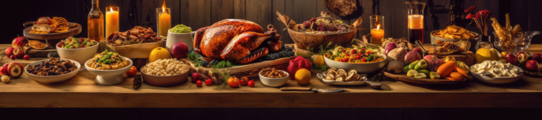 Thanksgiving or Christmas feast, rustic table spread, ultra-high resolution panorama