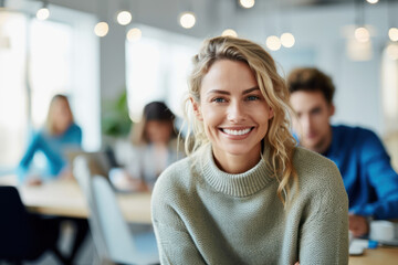 photo of beautiful happy woman looking at camera while sitting at office
