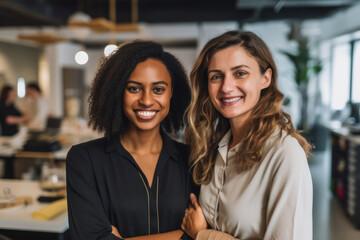 Smiling multiethnic businesswomen standing at office while looking at camera