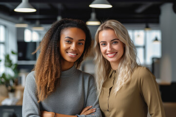 smiling multiethnic businesswomen standing at office while looking at camera