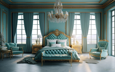 luxury dreamy cyan and gold bedroom with statement chandelier, Generative AI	