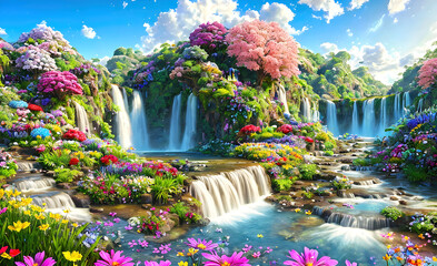 Wall Mural - Paradise land with beautiful  gardens, waterfalls and flowers, magical idyllic background with many flowers in eden. Generative Ai.