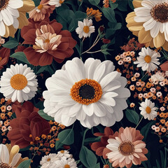 Floral background in retro style, multicolored bouquet of flowers in old style tones. Generative Ai.