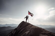 Success Strategies: An unrecognizable man climbing a mountain with a flag at the summit