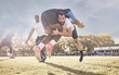 Sports, rugby and men tackle for ball on field for match, practice and game in tournament or competition. Fitness, teamwork and sport players playing for exercise, training and performance to win