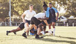 Fitness, rugby and men in tackle on field for match, practice and game in tournament or competition. Sports, teamwork and group of players playing for exercise, training and performance to win ball