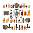 Big vintage set of beer objects. Various types of beer glasses and mugs, barrel, bottle, beer tap. Vector illustration.