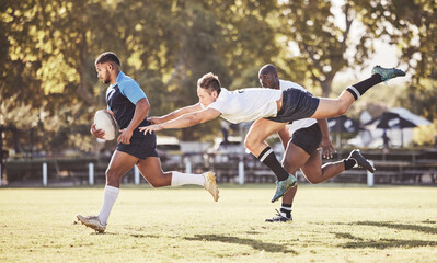 Canvas Print - Sports, rugby and men in action on field for match, practice and game in tournament or competition. Fitness, teamwork and strong players tackle for exercise, training and performance to win ball