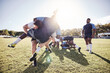 Sports, rugby and men tackle on grass for match, practice and game in tournament or competition. Fitness, teamwork and players playing for exercise, training and performance to win ball on field