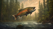 Wild Chinook Salmon Fish Jumping Out Of River Water In A Forest.