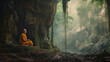A monk sitting on a rock in front of a cave, thailand Generative AI