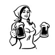 Hand drawn young sexy waitress, serving big beer mugs. Sketch of beautiful country girl holding cups full of beer. Vector.