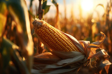Close Up, Corn Cob On A Field In Sunset