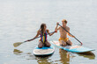 carefree african american woman and young, cheerful redhead man in colorful swimwear spending summer vacation on lake and sailing on sup boards with paddles