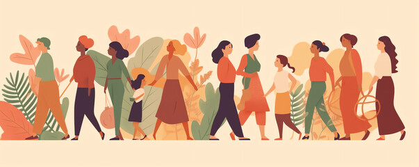 AI generated: Diverse beautiful modern women, girls group. Flat style vector illustration. Female cartoon characters. Design element for 8 March, Womens Day card, banner, poster. Feminism