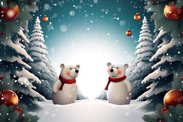 Wall Mural - Greeting Christmas card Cute White Polar Bear with Christmas Balls