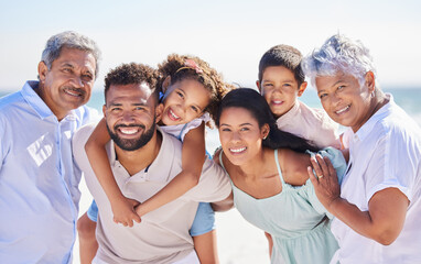 Wall Mural - Family in portrait, grandparents and parents with kids on beach, travel and piggyback with love and vacation. Happy people outdoor, generations and trust with tourism in Mexico and bonding together