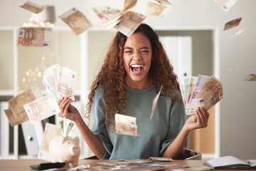 Poster - Happy woman laughing with cash flying, savings and finance with success and celebrate financial goals. Budget, winning and wealth with money, investment and female person winner with salary bonus