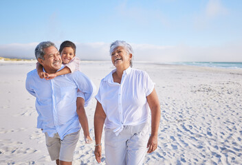 Wall Mural - Family, grandparents laughing and child on beach, travel and piggyback, love and vacation with mockup space. Senior people with boy, funny conversation with tourism in Mexico and bonding together