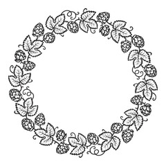 Wall Mural - Round frame made of beer hops branches with leaves and hop cones. Decorative wreath. Hand drawn vector illustration.