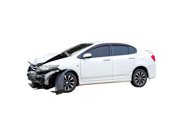 Wall Mural - Front of white car get damaged by accident on the road. damaged cars after collision. isolated on transparent background, PNG file