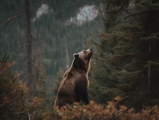 A brown bear standing on its hind legs in a forest. Generative AI image.