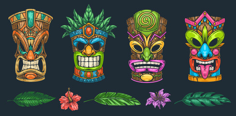 Sticker - Tiki masks set logotype colorful